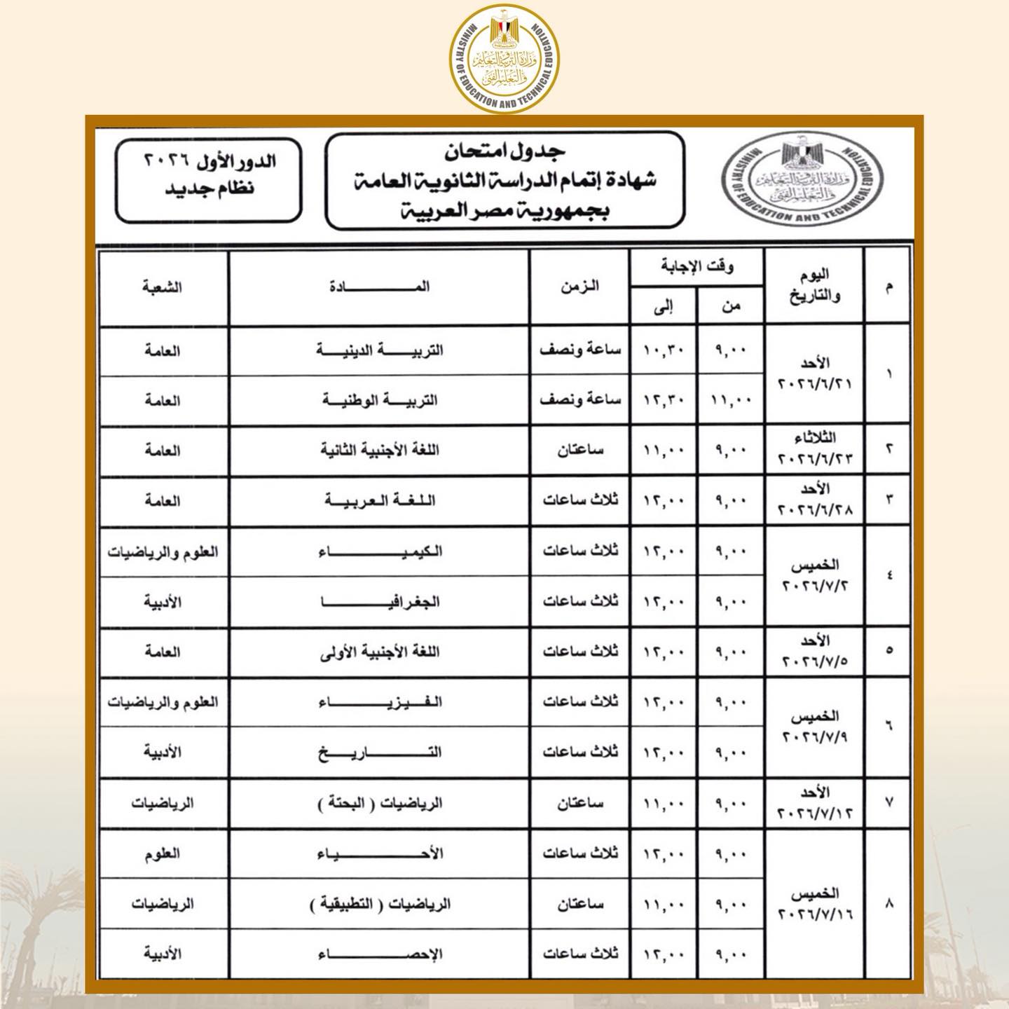جدول امتحانات الثانوية العامة النظام الحديث