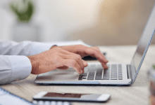 hand laptop research with hands business man typing email keyboard office work computer internet writing with male employee work report project 590464 84928
