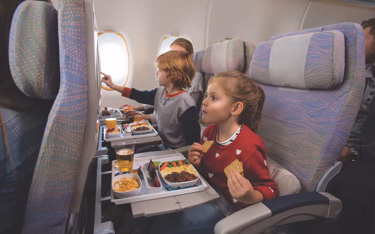 تذكرة الرضيع من الكويت إلى القاهرة.. كيف تقارن التكلفة بين شركات الطيران؟ 4 caucasian family enjoying means on a380 economy class