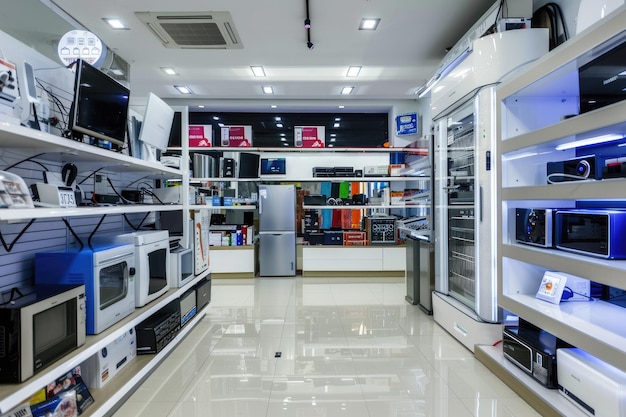 modern electronics store interior with various home appliances displayed shelves racks 641503 176026
